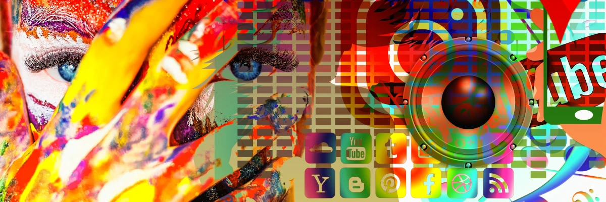 Ti accompagniamo nella comunicazione del tuo lavoro Immagine di fantasia con un volto di ragazza e i simboli dei social network in un tripudio di colori. Ti accompagniamo nella comunicazione del tuo lavoro