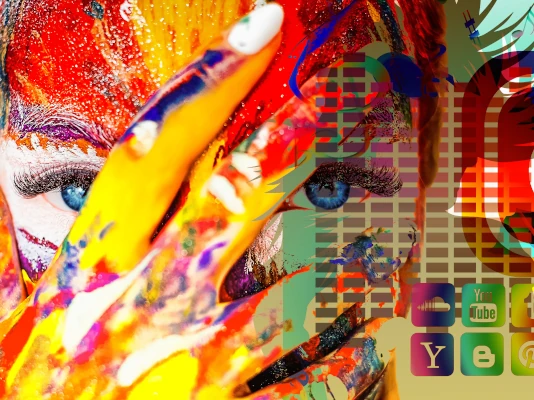 Ti accompagniamo nella comunicazione del tuo lavoro Immagine di fantasia con un volto di ragazza e i simboli dei social network in un tripudio di colori. Ti accompagniamo nella comunicazione del tuo lavoro