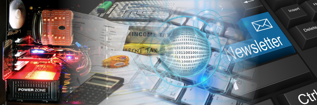 Forniamo software per facilitare le operazioni della tua azienda Montaggio di quattro foto: un server informatico, una scrivania da contabile per le fatture, un globo informatico, un tasto Invio con scritto Newsletter. Forniamo software per facilitare le operazioni della tua azienda