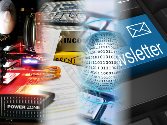 Forniamo software per facilitare le operazioni della tua azienda Montaggio di quattro foto: un server informatico, una scrivania da contabile per le fatture, un globo informatico, un tasto Invio con scritto Newsletter. Forniamo software per facilitare le operazioni della tua azienda