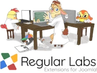 Le estensioni di Regular Labs sono tra le più usate in Joomla! L'immagine di scena ufficiale di Regular Labs (un gruppetto di animali antropomorfi che lavorano in uno studio), con il logo