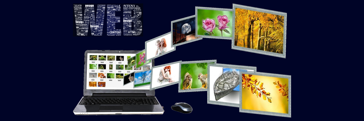Computer portatile dal quale fuoriescono fotogrammi con immagini varie, sormontate dalla scritta Web