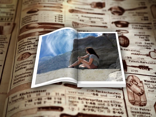 Sullo sfondo di un'antica pagina di giornale con piccola pubblicità, una pubblicazione moderna con una foto di una ragazza a doppia pagina. Per far conoscere i tuoi prodotti, realizziamo cataloghi cartacei ed elettronici