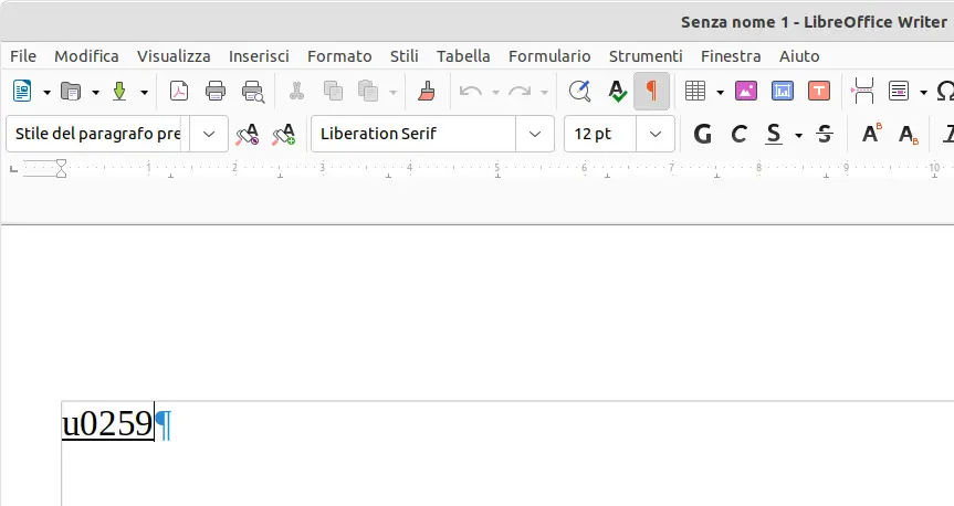 La u sottolineata, seguita dal codice Unicode. Dopo la u sottolineata, va scritto il codice Unicode