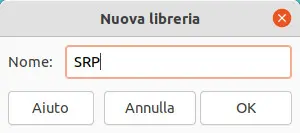 La finestra Nuova libreria contiene la casella Nome, in cui inserire il nome da assegnare alla nuova libreria. Alla nuova libreria assegna un nome di tuo gradimento
