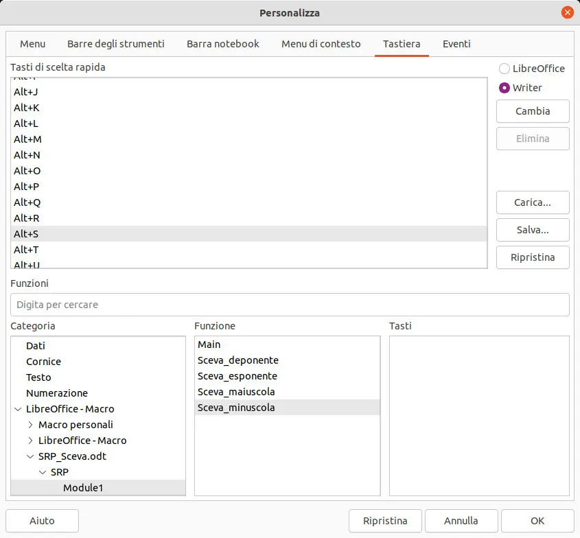 Nella scheda Tastiera della finestra Personalizza sono presenti i riquadri Tasti di scelta rapida, Categoria, Funzione e Tasti. I pulsanti d'opzione LibreOffice e Writer. I pulsanti Cambia, Elimina, Carica, Salva e Ripristina. Infine, i pulsanti globali Aiuto, Ripristina, Annulla e OK. La finestra Personalizza consente di assegnare una scorciatoia da tastiera ad ogni macro