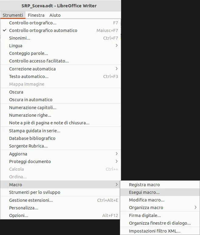 Il menu a cascata Strumenti → Macro → Esegui macro. Per eseguire una macro si deve ricorrere all'apposito menu