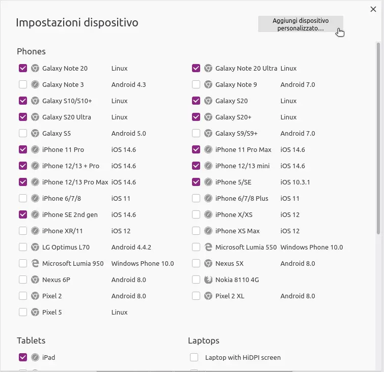 Elenco dei dispositivi disponibili in Firefox e il pulsante Aggiungi dipositivo personalizzato. Oltre ai dispositivi esistenti, puoi inserirne e configurarne di nuovi