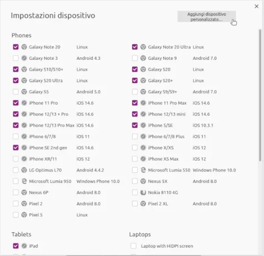 Oltre ai dispositivi esistenti, puoi inserirne e configurarne di nuovi Elenco dei dispositivi disponibili in Firefox e il pulsante Aggiungi dipositivo personalizzato. Oltre ai dispositivi esistenti, puoi inserirne e configurarne di nuovi