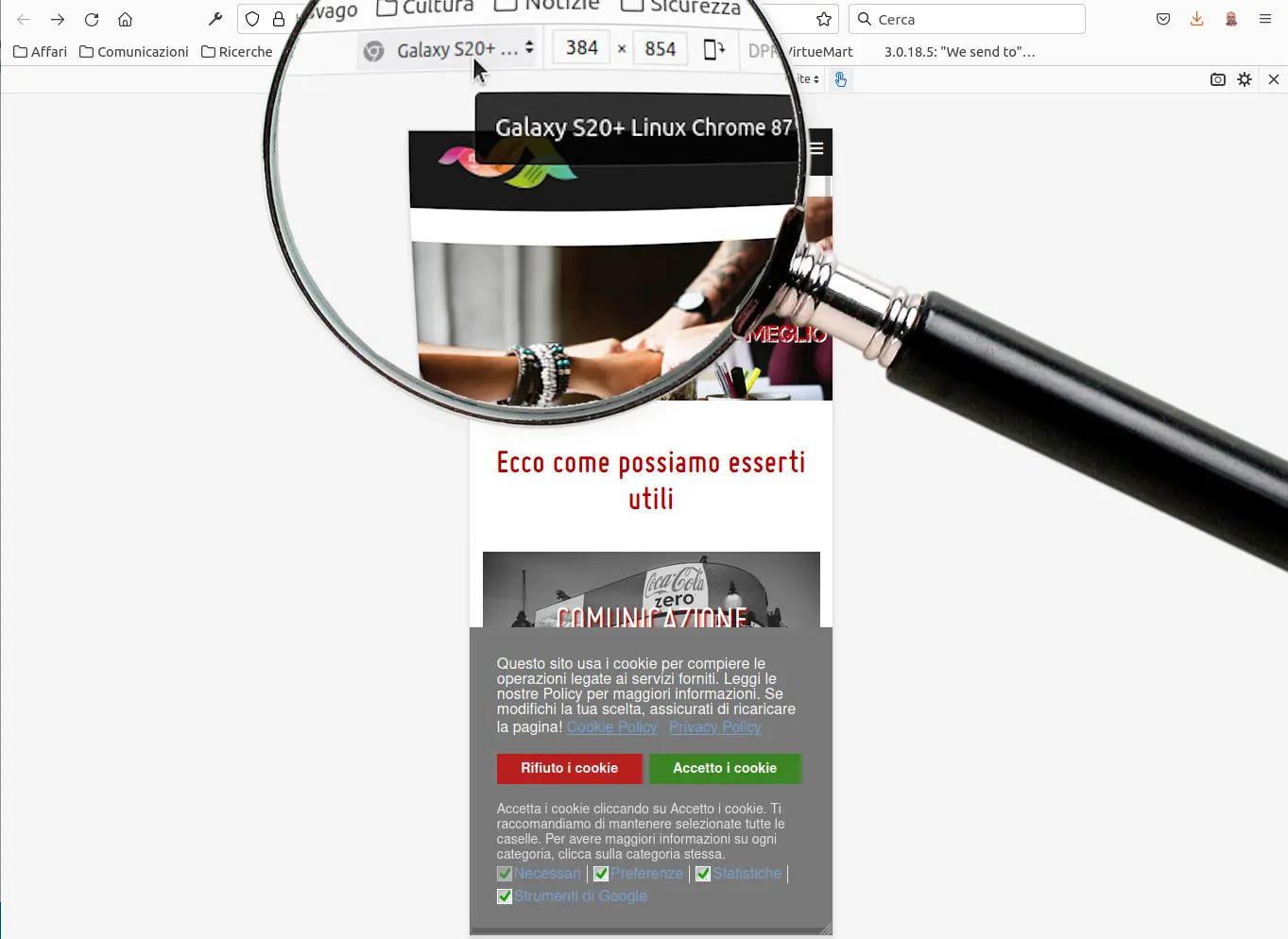 Nella barra superiore della finestra di Firefox è riportato il nome del dispositivo usato per mostrare la pagina. Firefox consente di vedere un sito come se lo si facesse con un apparecchio diverso