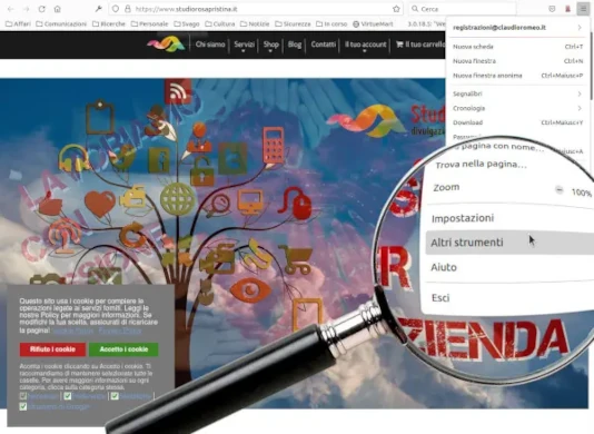 Firefox dispone di molti strumenti di analisi e di gestione Il sito di Studio Rosa Pristina (vecchia versione): è evidenziato il comando di Firefox Altri strumenti. Firefox dispone di molti strumenti di analisi e di gestione