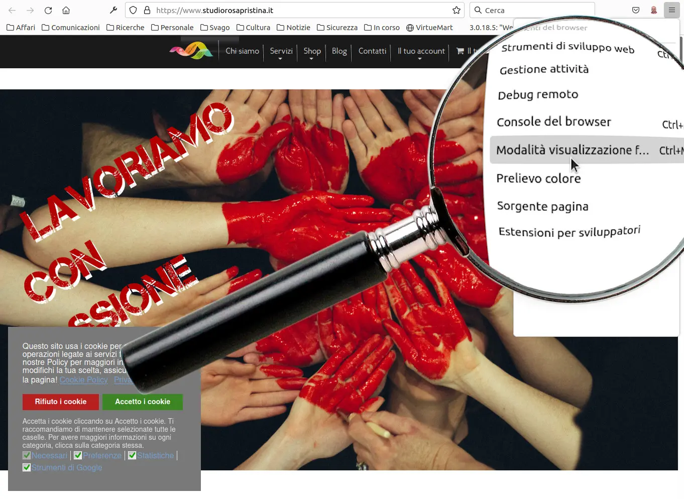 Il sito di Studio Rosa Pristina (vecchia versione): è evidenziato il comando di Firefox Modalità visualizzazione flessibile. Con Firefox è possibile vedere il sito con schermi di dimensioni diverse