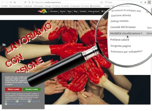 Con Firefox è possibile vedere il sito con schermi di dimensioni diverse Il sito di Studio Rosa Pristina (vecchia versione): è evidenziato il comando di Firefox Modalità visualizzazione flessibile. Con Firefox è possibile vedere il sito con schermi di dimensioni diverse