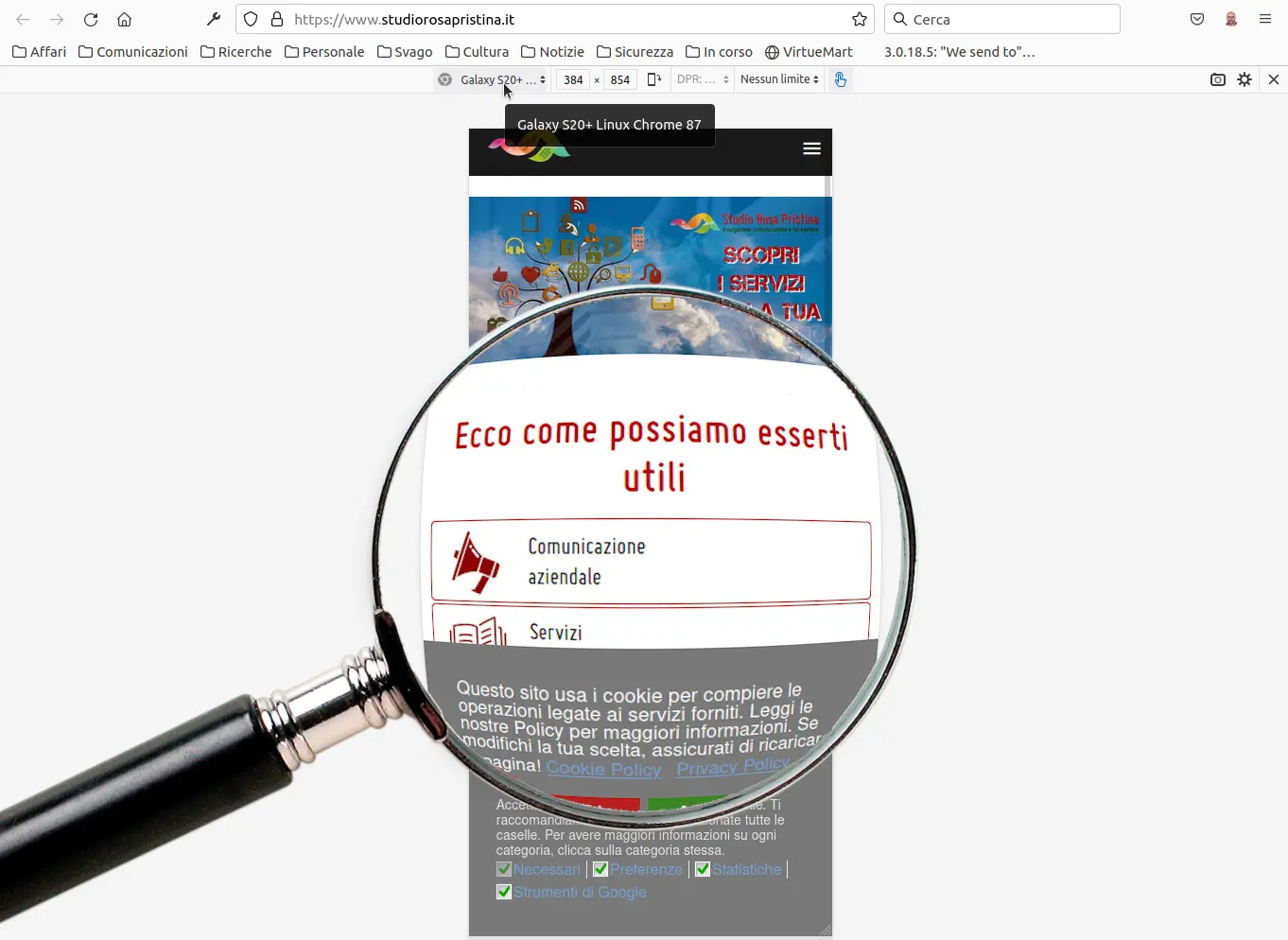 Il sito di Studio Rosa Pristina (vecchia versione): dopo l'aggiornamento della pagina, il contenuto è quello specifico per smartphone. Per alcuni siti, l'aggiornamento della pagina è necessario per visualizzare correttamente il contenuto specifico per il dispositivo