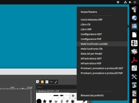Il sottomenu di un lanciatore personalizzato, con i comandi per aprire i modelli di Meld. Personalizzare i lanciatori di Ubuntu rende la vita più facile