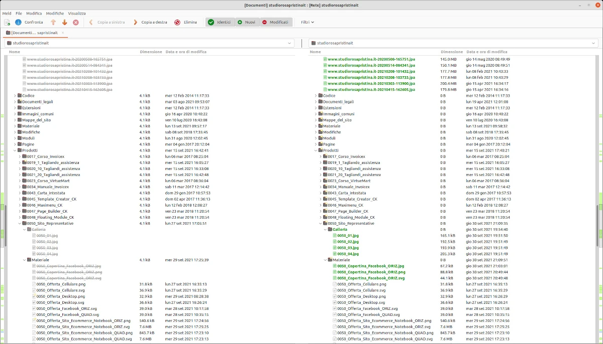 Schermata di un confronto di cartelle di Meld. Meld evidenzia le differenze tra cartelle e tra file