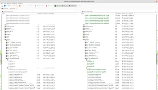 Schermata di un confronto di cartelle di Meld. Meld evidenzia le differenze tra cartelle e tra file