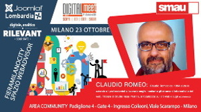 Banner con i dati d'ingresso a SMAU 2018 e la foto di Claudio Romeo
