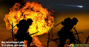 Profilo di due soldati. Sullo sfondo, la fiammata di un'esplosione. In cielo, una cometa